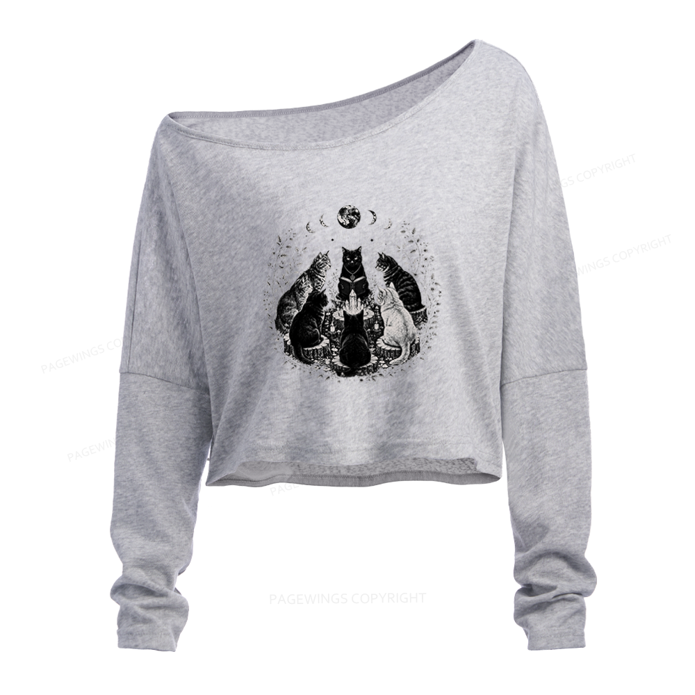Pagewings Mystical Black Cat Slouchy Long Sleeve Off Shoulder T-shirt