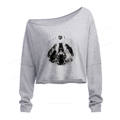 Pagewings Mystical Black Cat Slouchy Long Sleeve Off Shoulder T-shirt