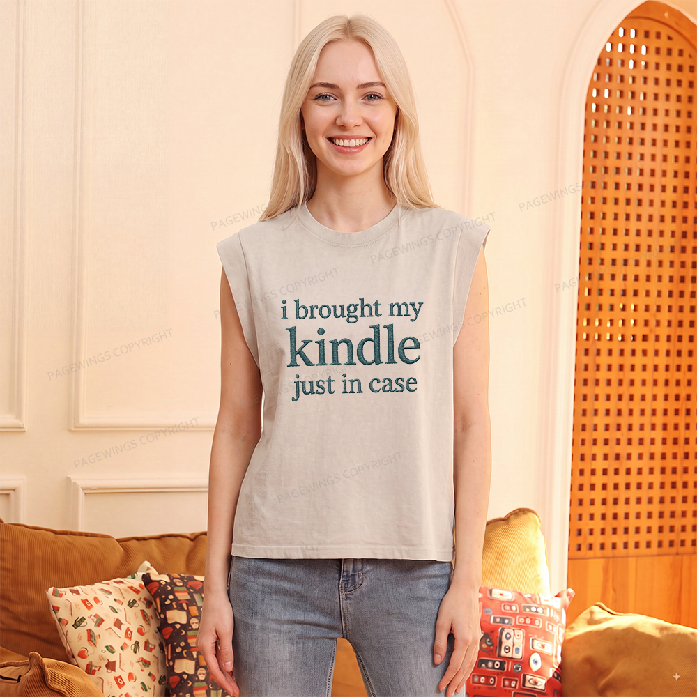 Pagewings Embroidered I Brought My Kindle Women's Washed Tank Top