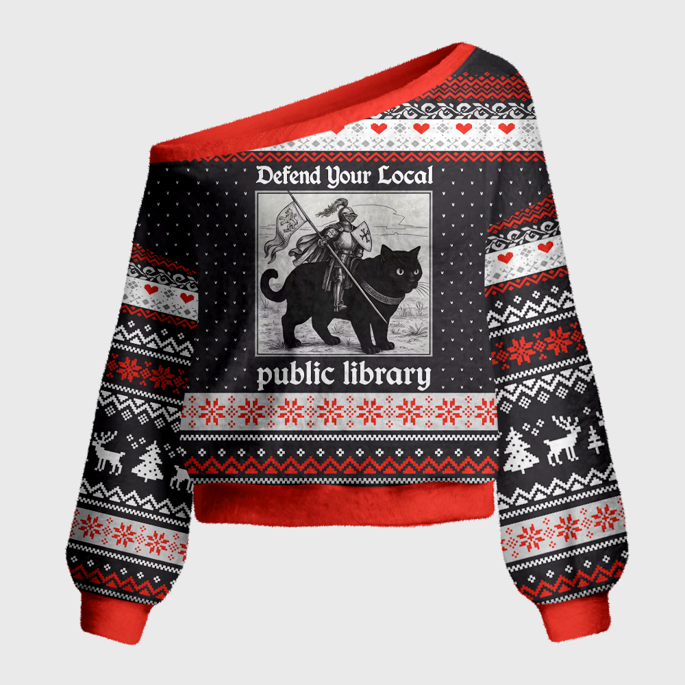 Pagewings Defend Your Local Public Library Off Shoulder Ugly Knit Sweater