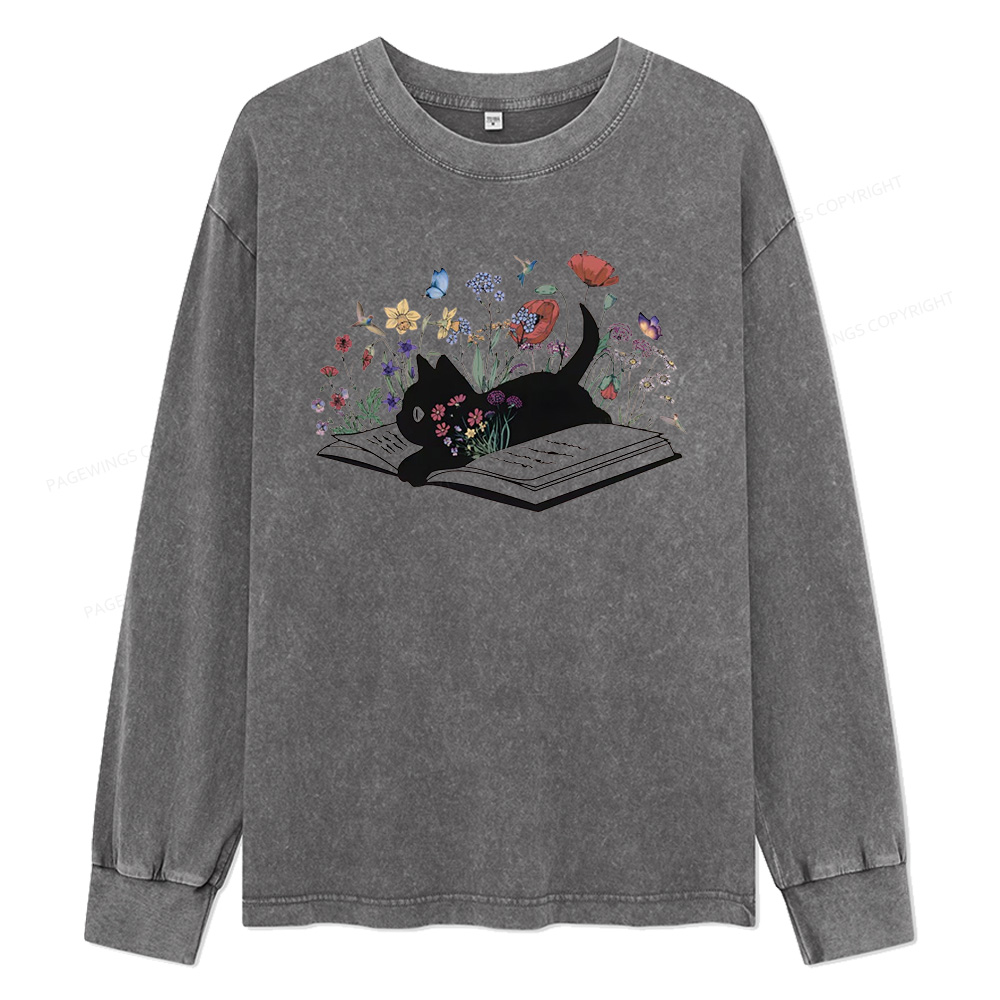 Pagewings Cute Book Cat Unisex Washed Long Sleeve T-shirt
