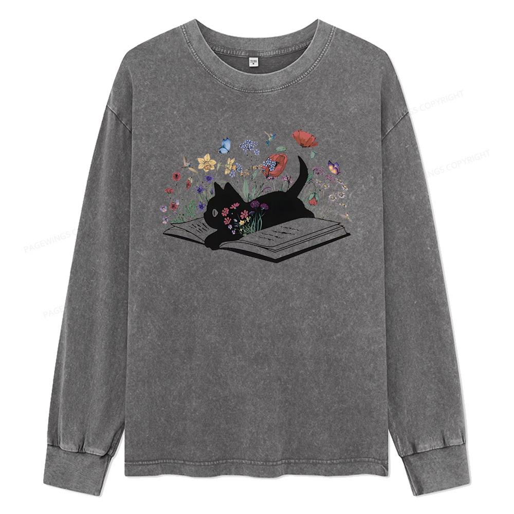 Pagewings Cute Book Cat Unisex Washed Long Sleeve T-shirt