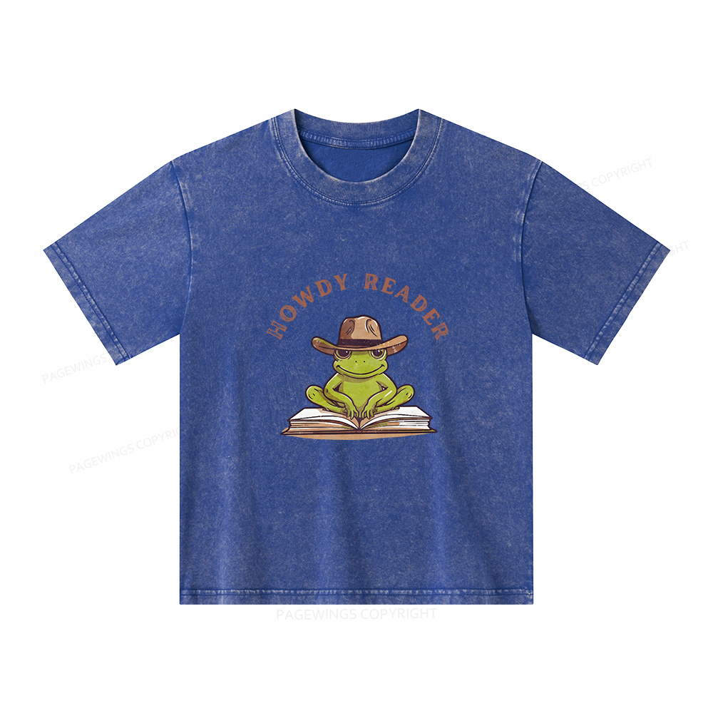 Pagewings Howdy Reader Frog Unisex Kids Washed T-shirt
