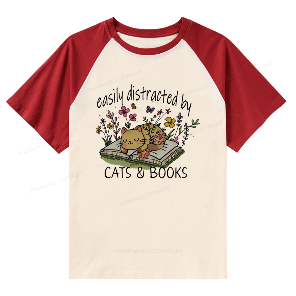 Pagewings Easily Distracted By Cats And Books Raglan T-shirt