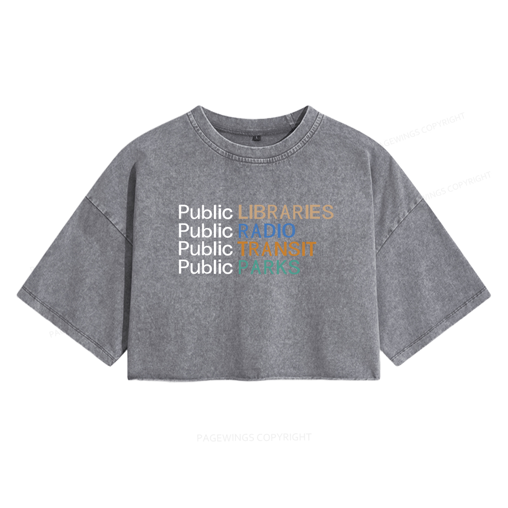 Pagewings Public Libraries Radio Transit Parks Women's Washed Cropped T-shirt