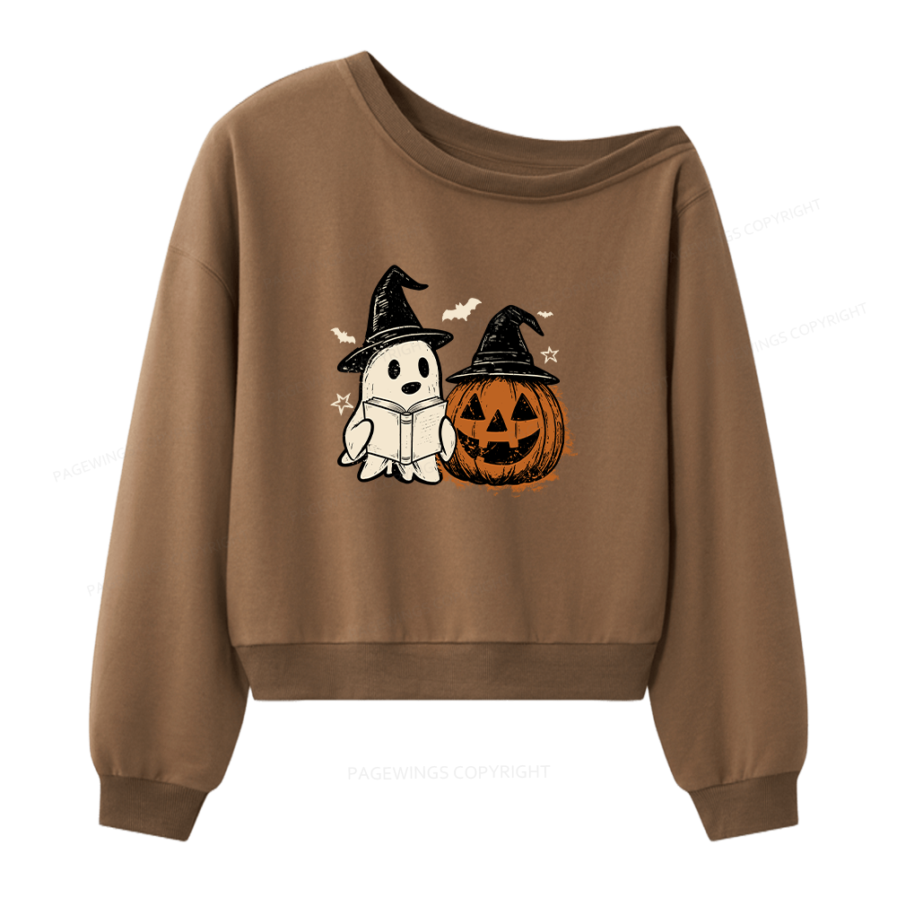 Pagewings Spooky Ghost Pumpkin Halloween Women Off Shoulder Sweatshirt