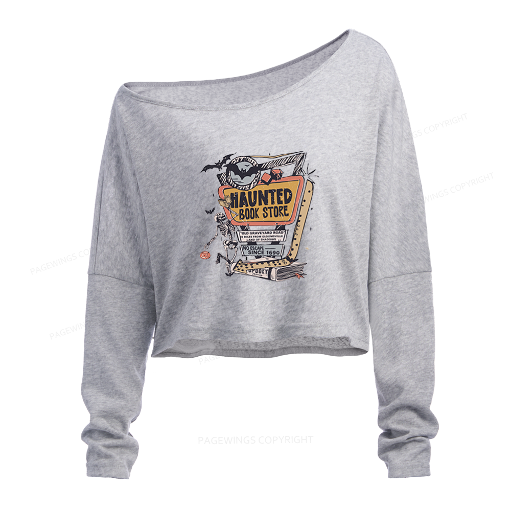 Pagewings 90s Vintage Haunted Book Store Slouchy Long Sleeve Off Shoulder T-shirt