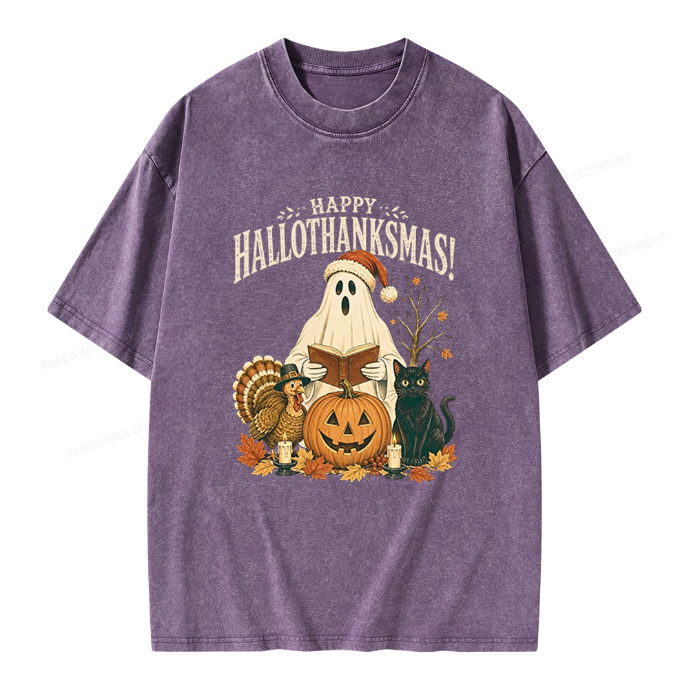Pagewings Happy Hallothanksmas Unisex Washed T-shirt