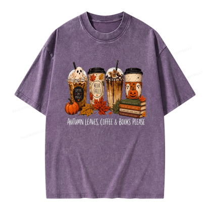 Pagewings Halloween Coffee Books Unisex Washed T-shirt