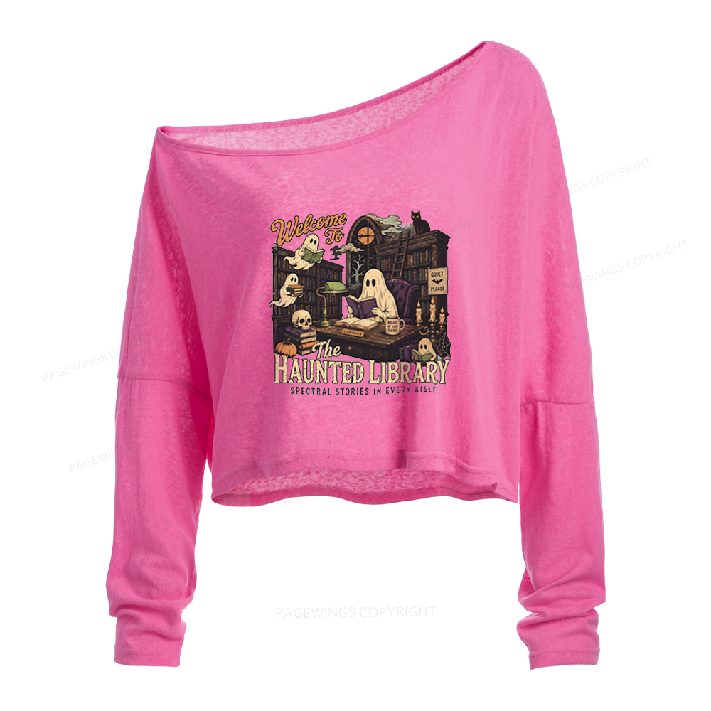 Pagewings Haunted Library Slouchy Long Sleeve Off Shoulder T-shirt