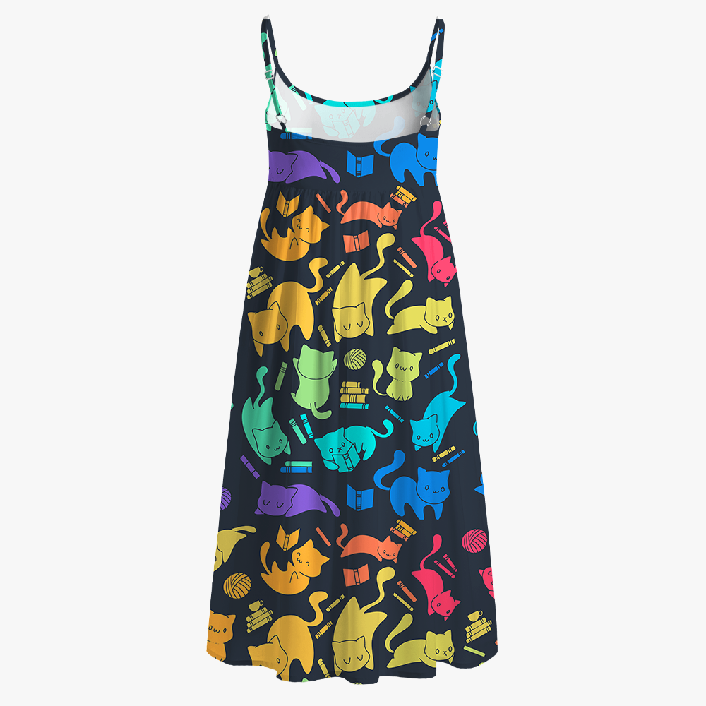 Pagewings Book Cat Lover Printed Spaghetti Strap Midi Sundress