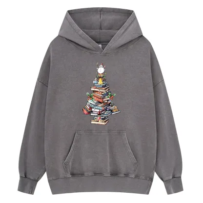 Pagewings Book Christmas Tree Unisex Washed Hoodie