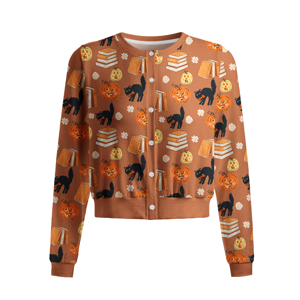 Pagewings Halloween Bookish Crew Neck Cardigan Sweaters