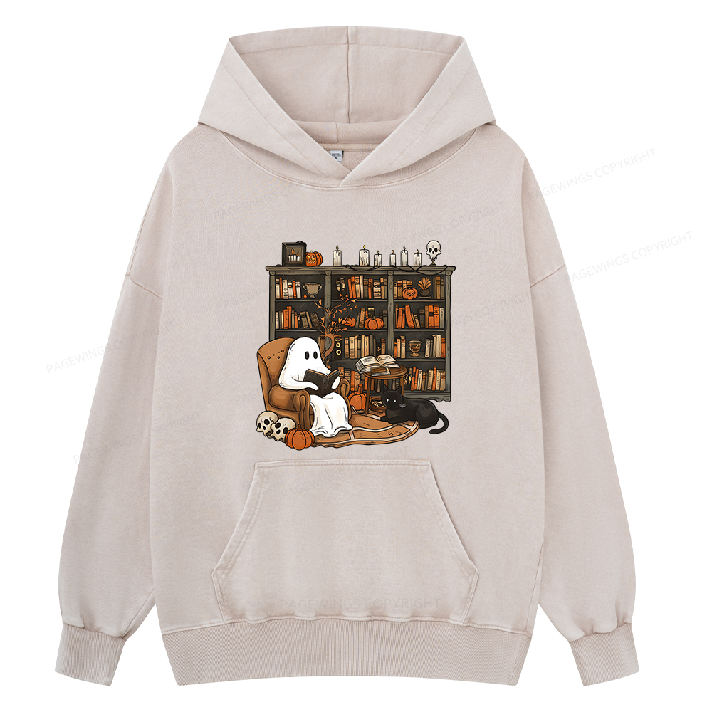 Pagewings Halloween Ghost Reading Books Unisex Washed Hoodie