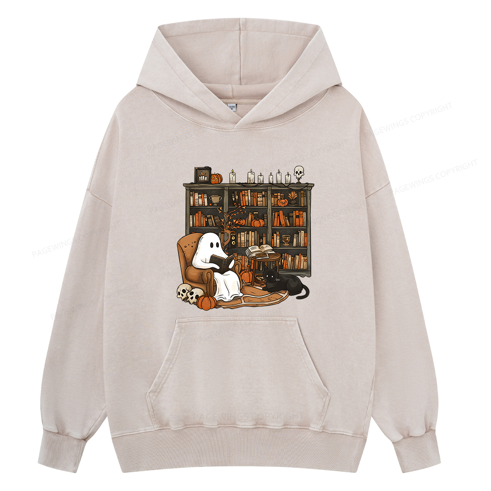 Pagewings Halloween Ghost Reading Books Unisex Washed Hoodie