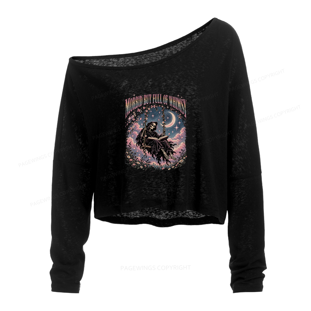 Pagewings Morbid But Full of Whimsy Slouchy Long Sleeve Off Shoulder T-shirt