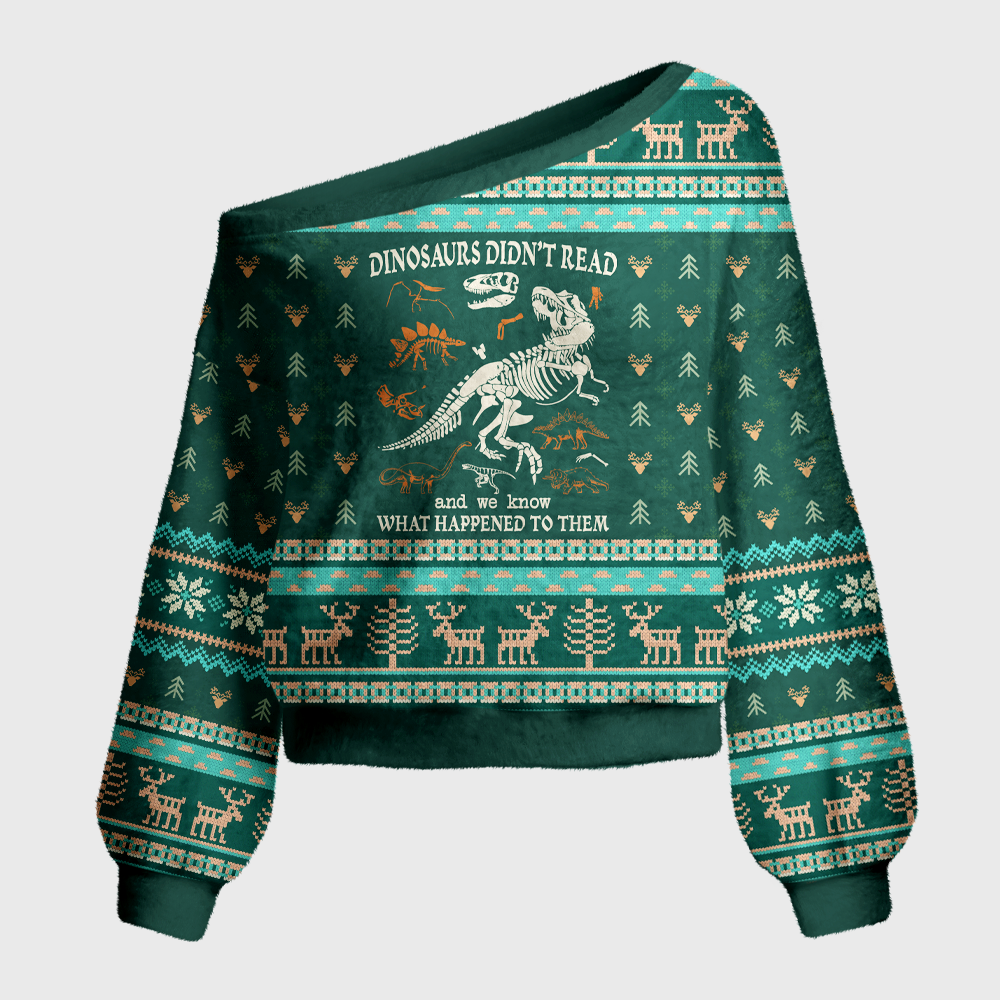Pagewings Dinosaurs Didn't Read Off Shoulder Ugly Knit Sweater