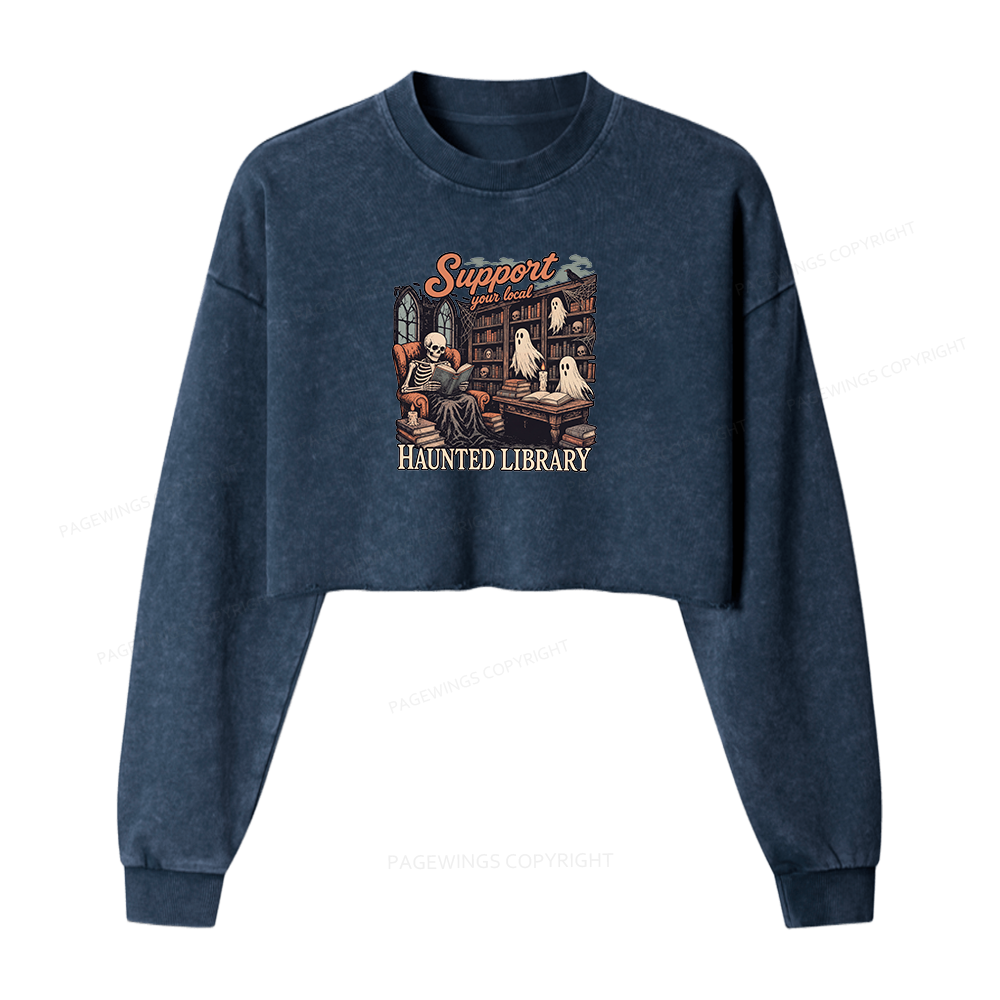 Pagewings Support Your Local Haunted Library Washed Crop Sweatshirt