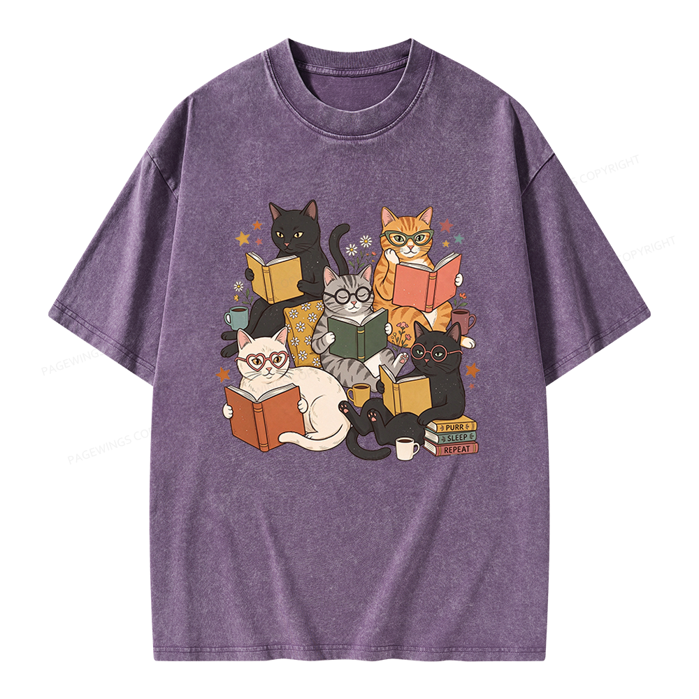 Pagewings Retro Reading Cats Unisex Washed T-shirt