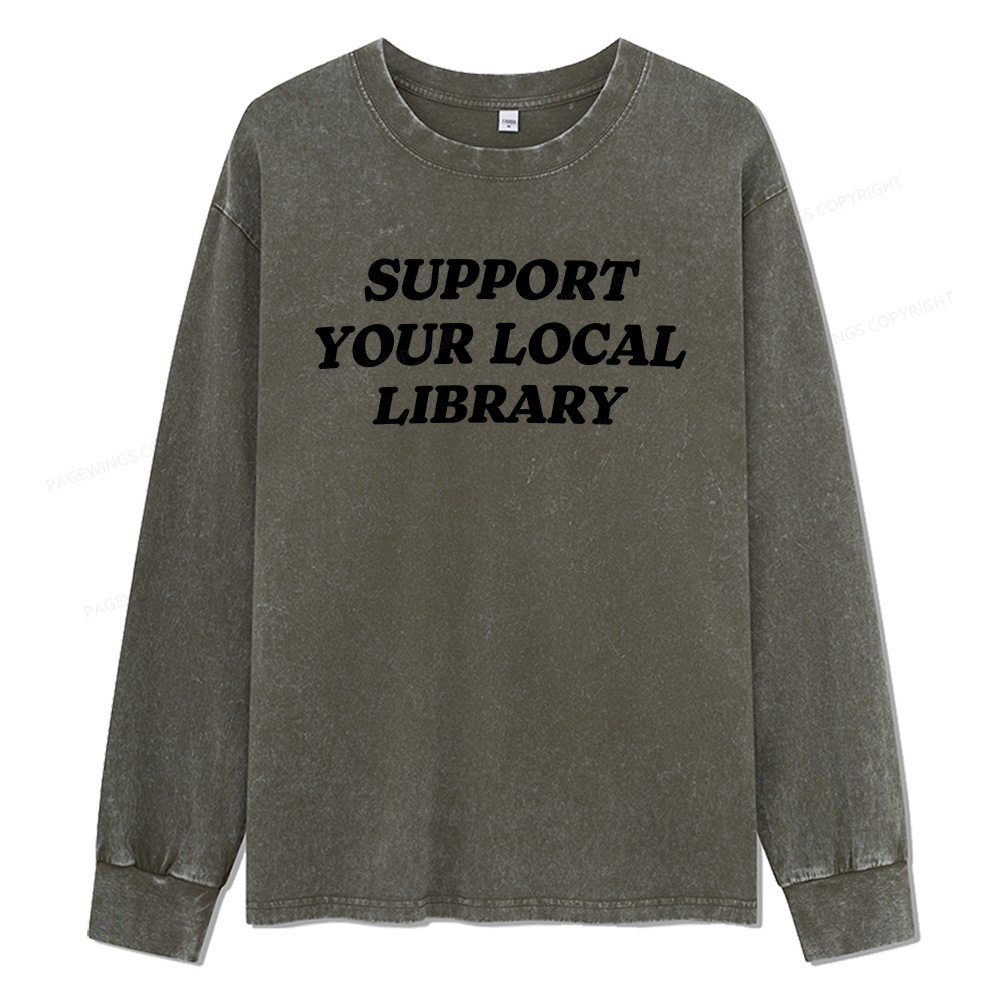 Pagewings Support Your Local Library Unisex Washed Long Sleeve T-shirt