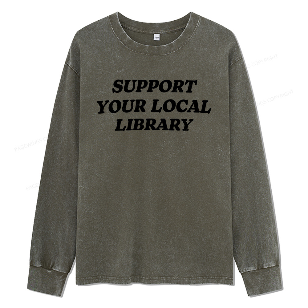 Pagewings Support Your Local Library Unisex Washed Long Sleeve T-shirt