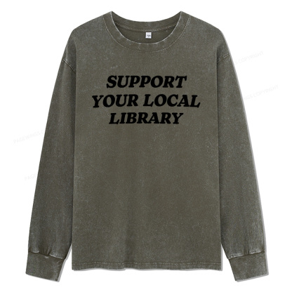 Pagewings Support Your Local Library Unisex Washed Long Sleeve T-shirt