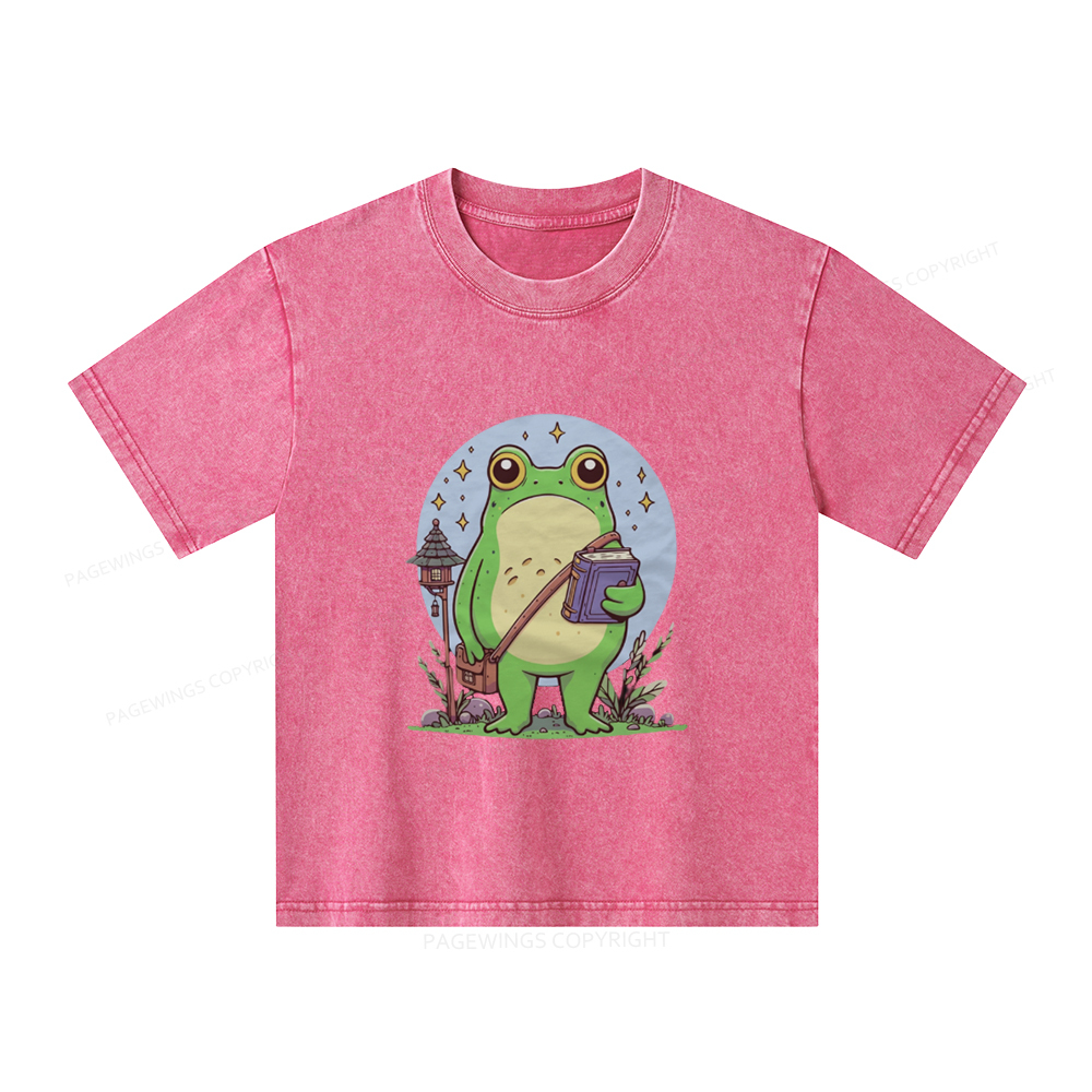 Pagewings Frog Reading Book Unisex Kids Washed T-shirt