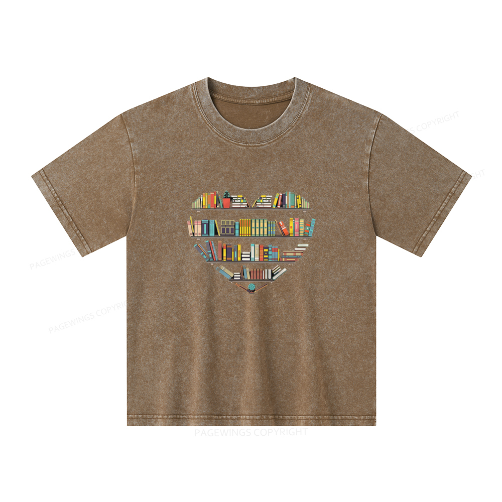 Pagewings Heart Bookshelves Unisex Kids Washed T-shirt
