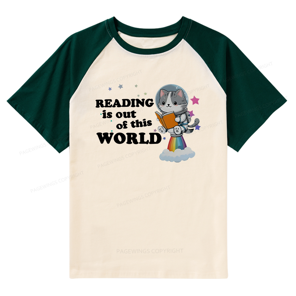 Pagewings Cat Reading in Space Raglan T-shirt