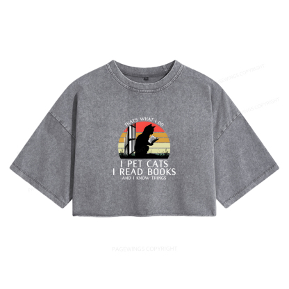 Pagewings Book Lover Cat And Book Women's Washed Cropped T-shirt