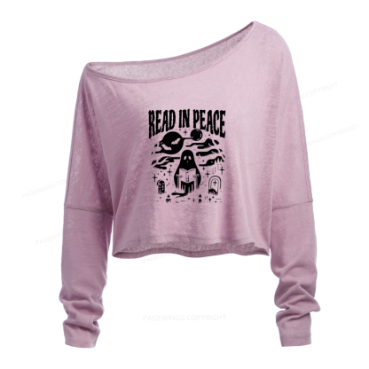 Pagewings Halloween Read In Peace Ghost Reading Slouchy Long Sleeve Off Shoulder T-shirt