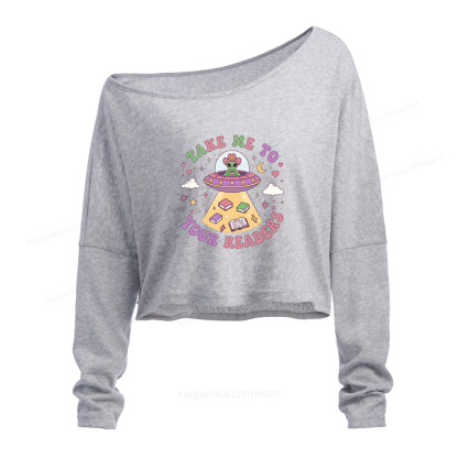 Pagewings Cute Alien Reading Slouchy Long Sleeve Off Shoulder T-shirt