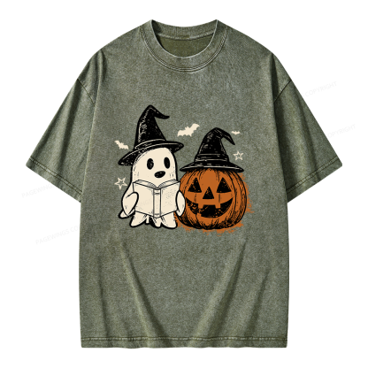 Pagewings Spooky Ghost Pumpkin Halloween Unisex Washed T-shirt