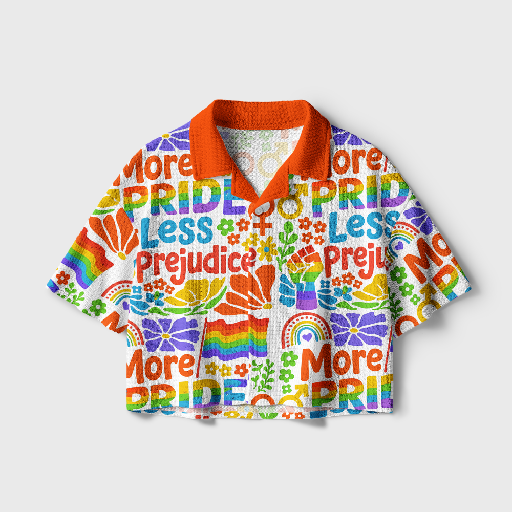 Pagewings More Pride Less Prejudice Rainbow Camp Collar Boxy Fit Unisex Crochet Shirt