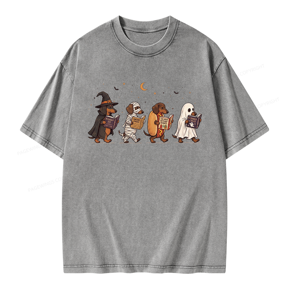 Pagewings Cute Spooky Season Wiener Dog Reading Unisex Washed T-shirt