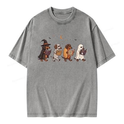 Pagewings Cute Spooky Season Wiener Dog Reading Unisex Washed T-shirt