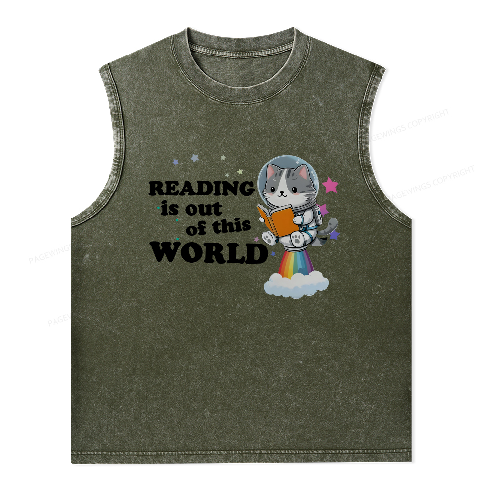 Pagewings Cat Reading in Space Unisex Washed Tank Top