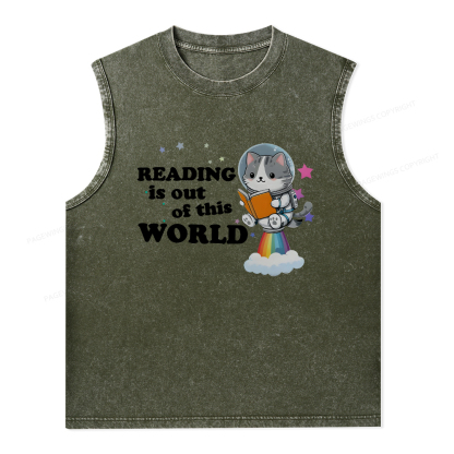 Pagewings Cat Reading in Space Unisex Washed Tank Top