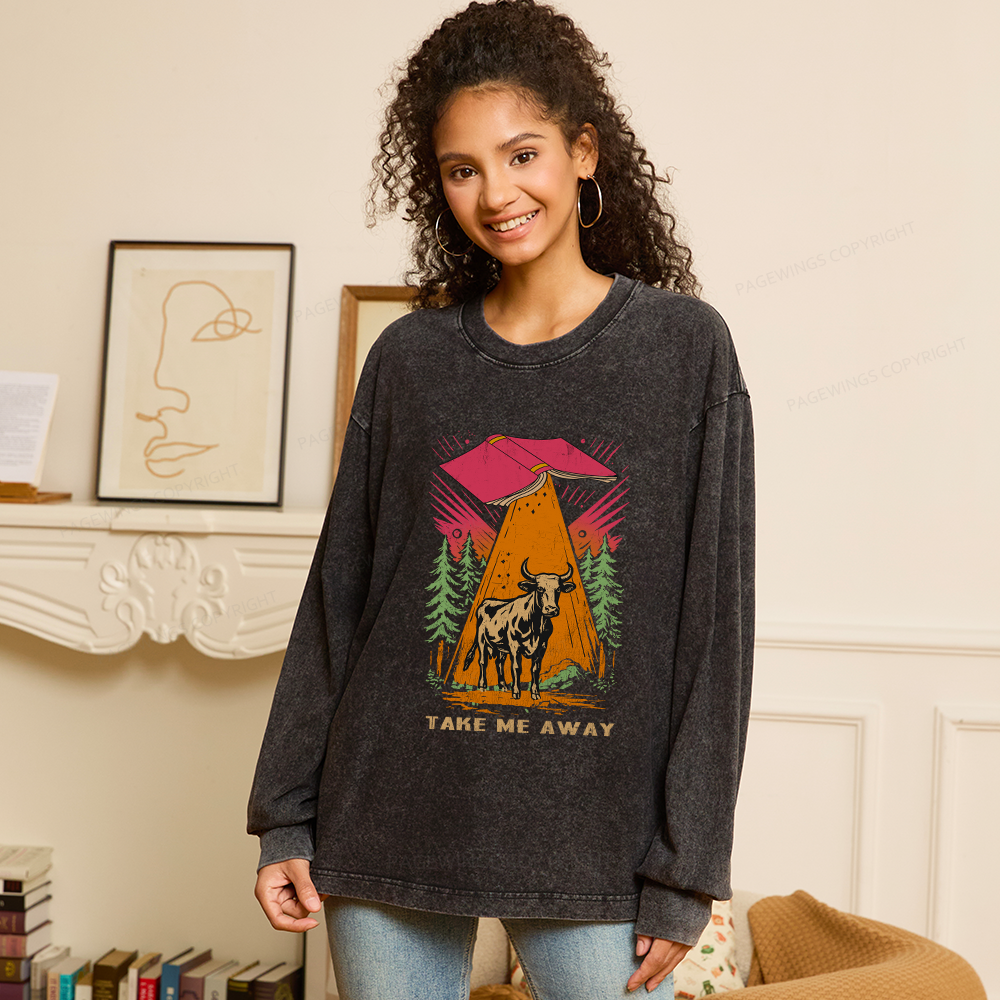 Pagewings Take Me Away Cow Unisex Washed Long Sleeve T-shirt