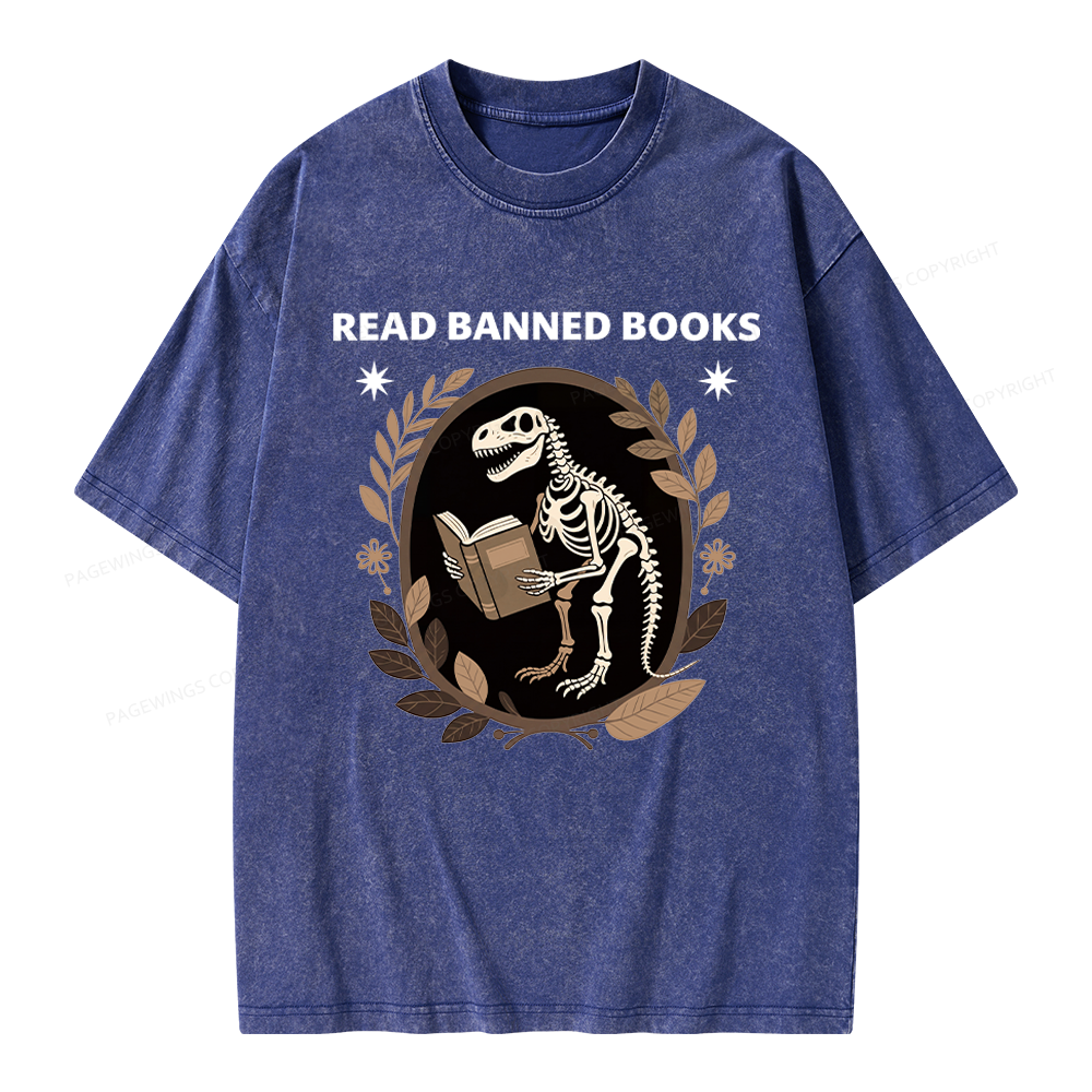 Pagewings Vintage Dinosaur Skeleton Reading Book Unisex Washed T-shirt