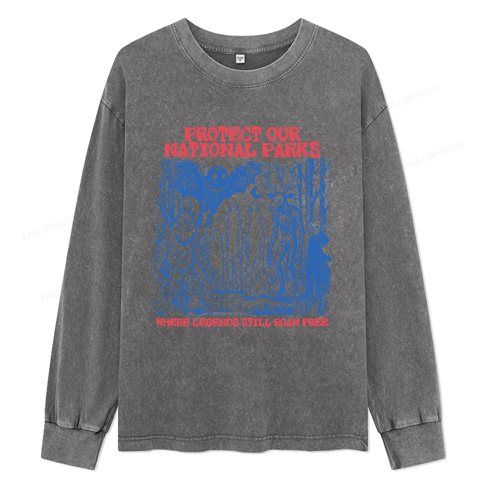 Pagewings Protect Our Parks Vintage Camping Unisex Washed Long Sleeve T-shirt