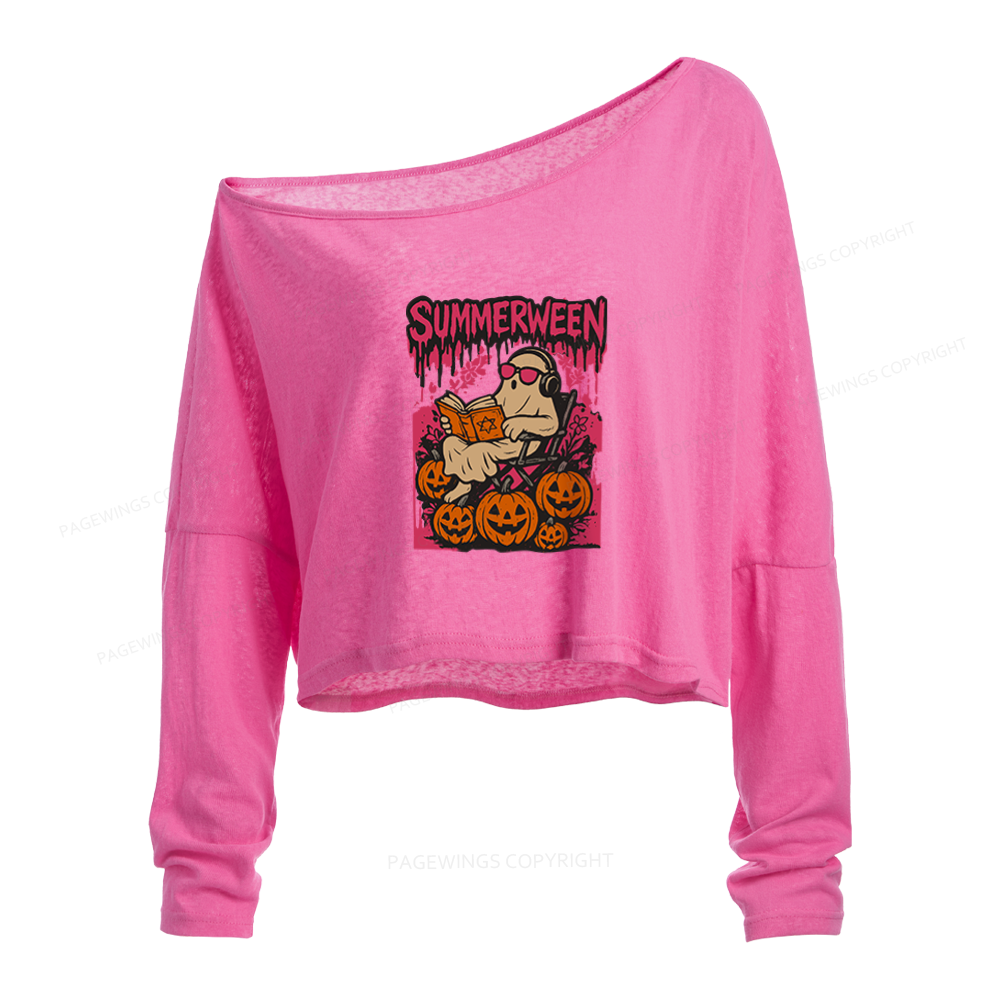 Pagewings Summerween Halloween Slouchy Long Sleeve Off Shoulder T-shirt