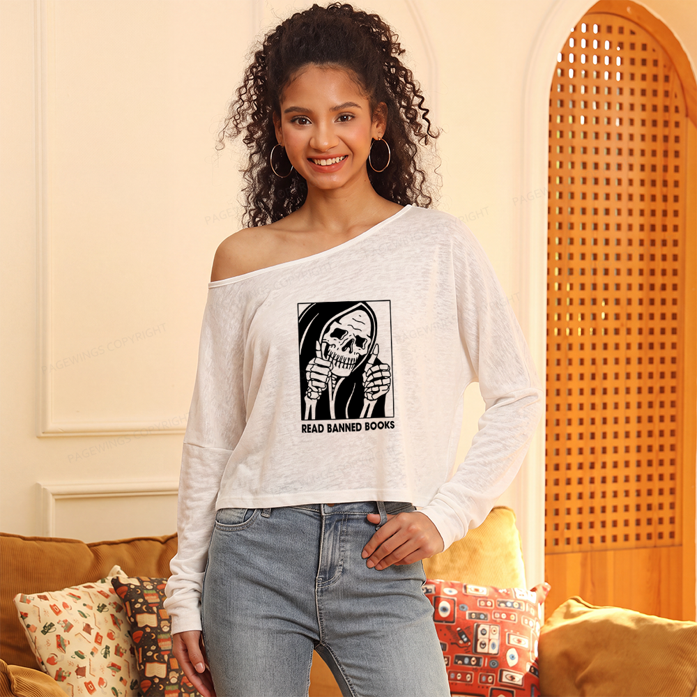 Pagewings Read Banned Books Slouchy Long Sleeve Off Shoulder T-shirt