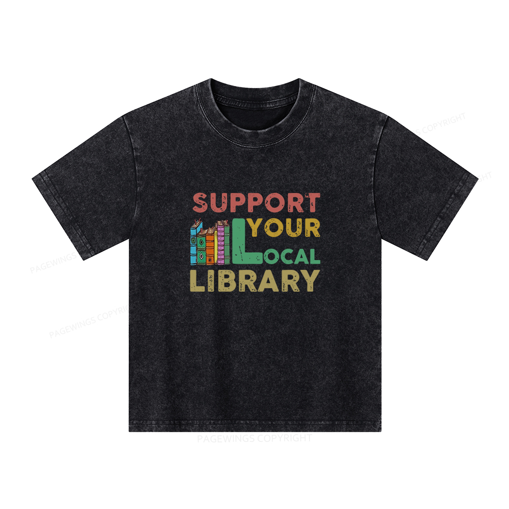 Pagewings Support Your Local Library Unisex Kids Washed T-shirt
