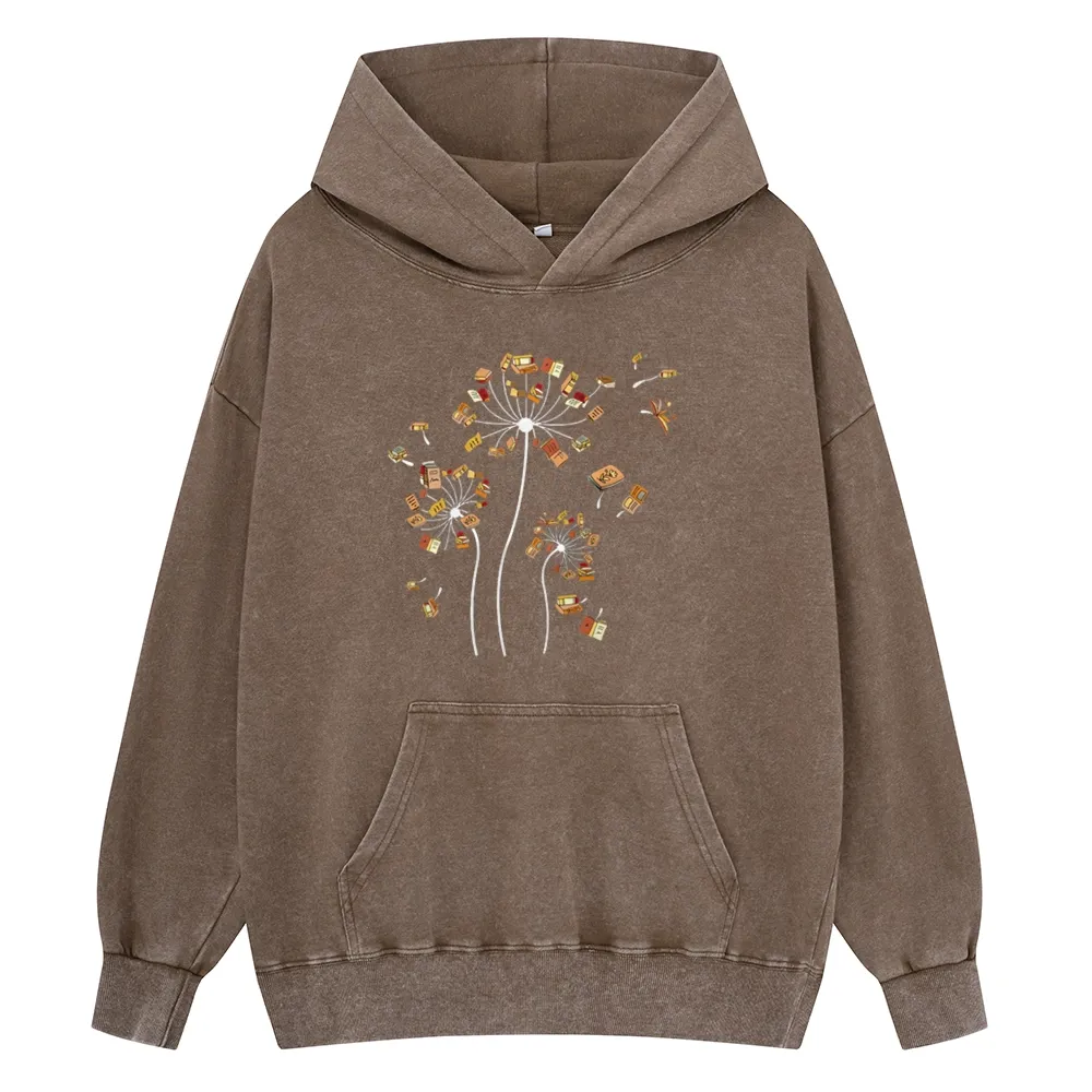 Pagewings Dandelion Flower Books Unisex Washed Hoodie