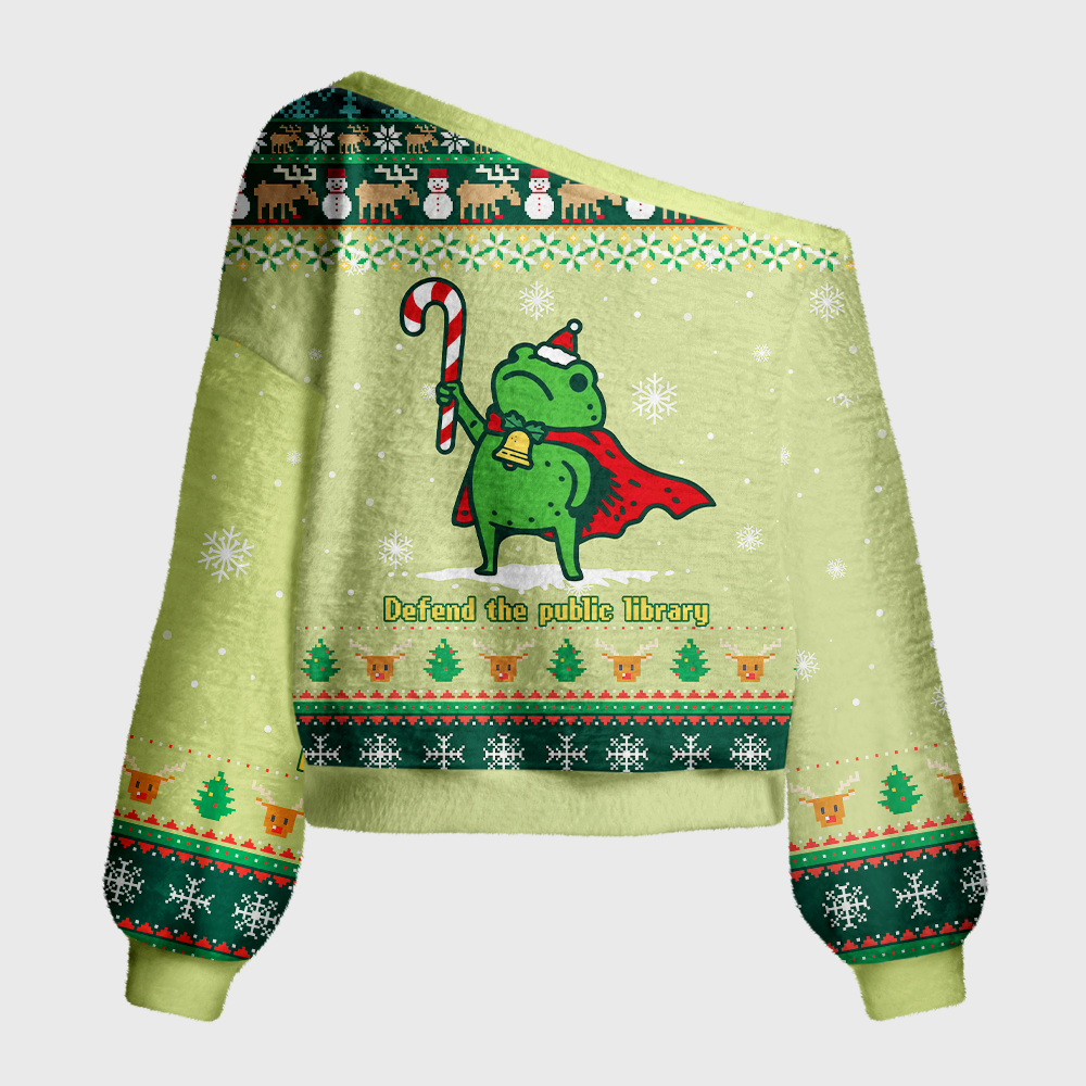 Pagewings Defend Your Local Public Library Off Shoulder Ugly Knit Sweater