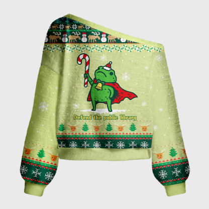Pagewings Defend Your Local Public Library Off Shoulder Ugly Knit Sweater