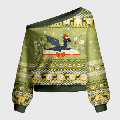 Pagewings Book Dragon Off Shoulder Ugly Knit Sweater