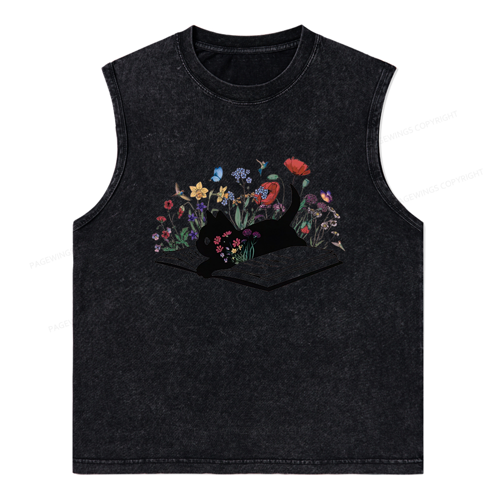 Pagewings Cute Book Cat Unisex Washed Tank Top