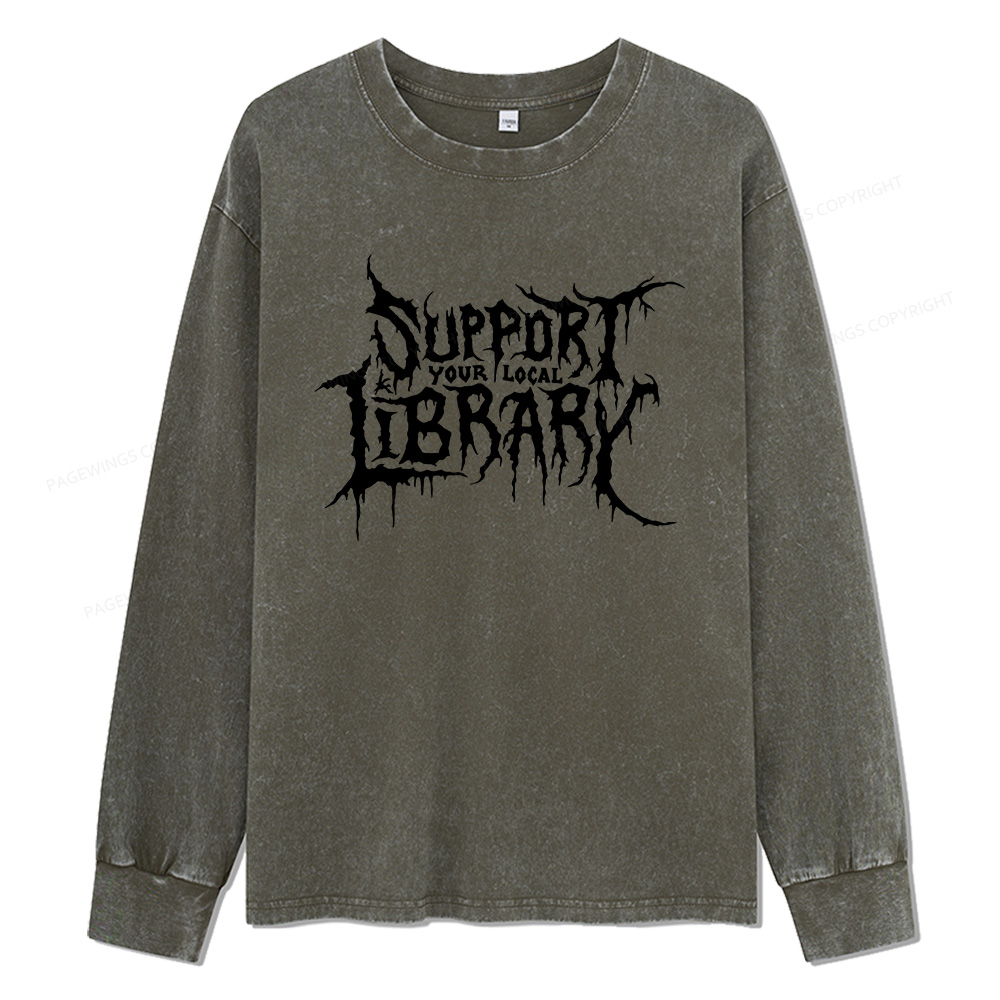 Pagewings Support Your Local Library Unisex Washed Long Sleeve T-shirt
